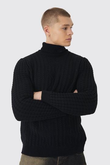 Black Long Sleeve Cable Knit Roll Neck Jumper In Black