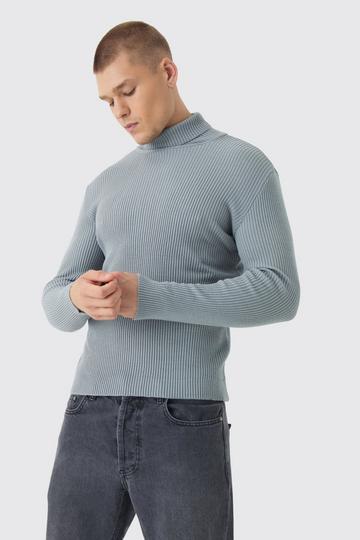 Grey Muscle Fit Ribbed Knit Roll Neck Jumper In Grey