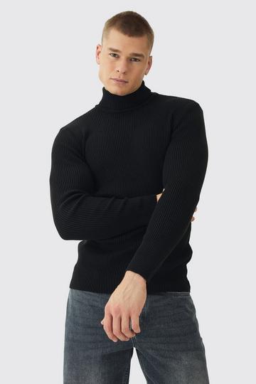 Black Muscle Fit Ribbed Knit Roll Neck Jumper In Black