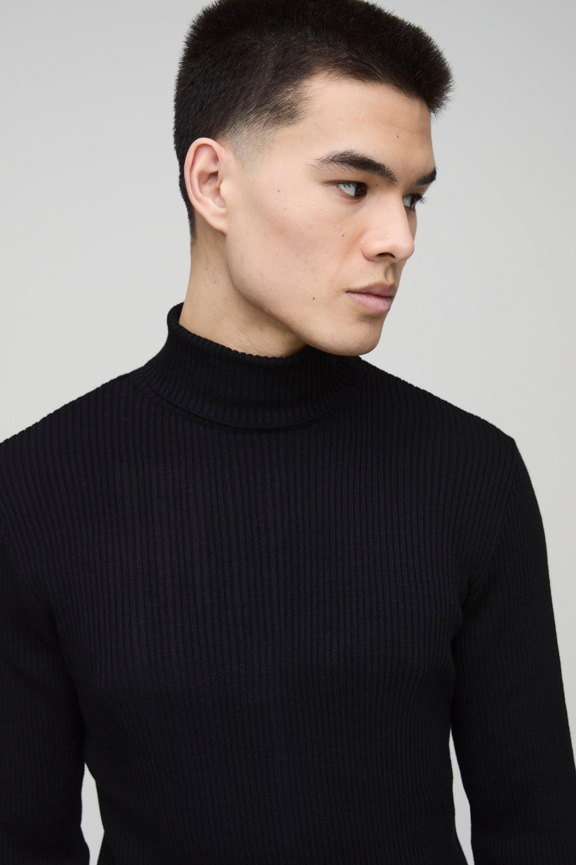 Muscle Fit Ribbed Knit Roll Neck Jumper In Black boohoo