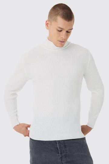 Muscle Fit Ribbed Knit Roll Neck Jumper In White white