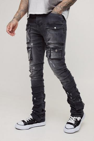 Tall Stacked Multi Cargo Pocket Flared Jeans grey