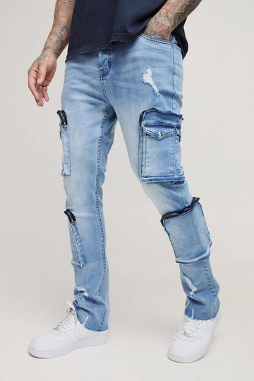 Tall Raw Seam Detail Stretch Skinny Ripped Cargo Flared Jeans mid wash