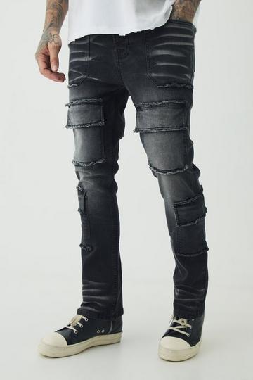 Tall Raw Seam Detail Stretch Skinny Cargo Flared Jeans washed black