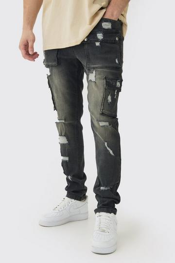 Tall Skinny Fit Ripped Cargo Jeans washed black