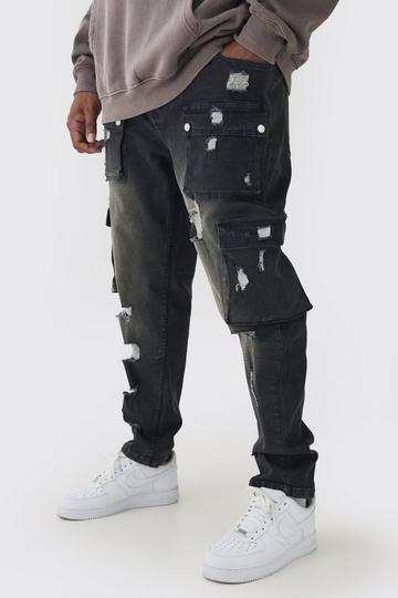 Plus Skinny Fit Ripped Cargo Jeans washed black