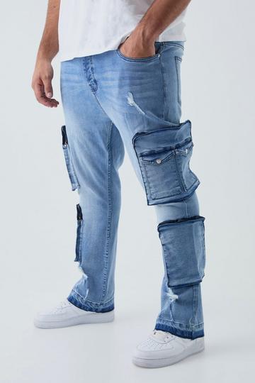 Plus Raw Seam Detail Stretch Skinny Ripped Cargo Flared Jeans mid wash