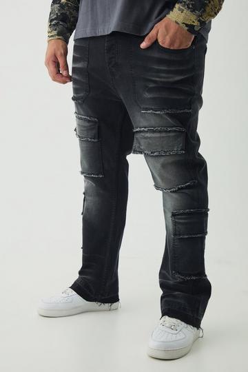 Plus Raw Seam Detail Stretch Skinny Cargo Flared Jeans washed black