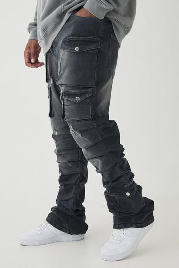 Plus Stacked Multi Cargo Pocket Flared Jeans grey