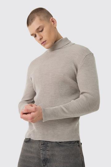 Muscle Fit Ribbed Knit Roll Neck Jumper In Stone stone