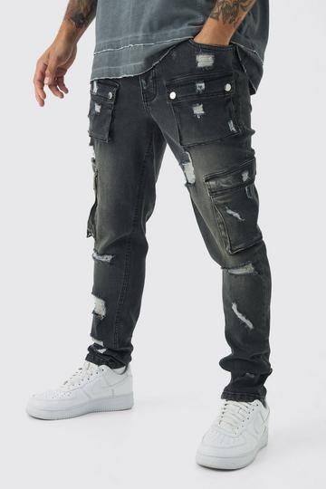 Skinny Fit Ripped Cargo Jeans washed black