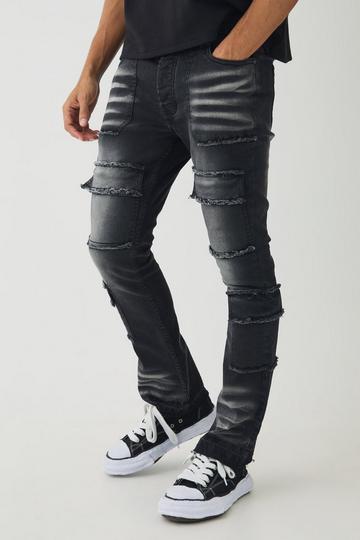 Raw Seam Detail Stretch Skinny Cargo Flared Jeans washed black