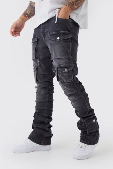 Skinny Stacked Multi Cargo Pocket Flared Jeans mid grey