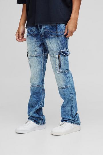 Flared Acid Wash Gebleekte Slim Fit Cargo Jeans Met Panelen antique blue