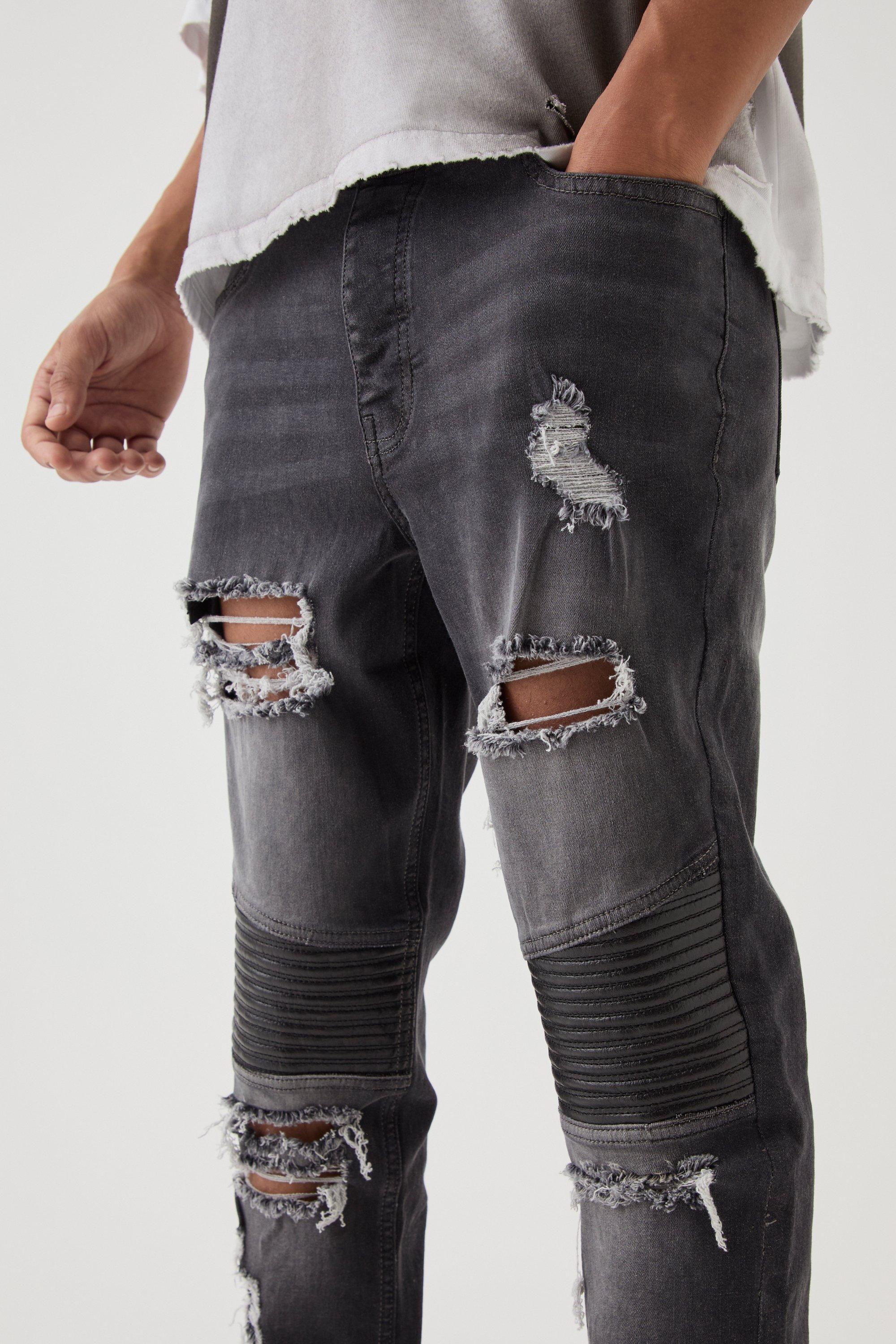 Skinny Distressed Raw Hem Biker Jeans boohoo