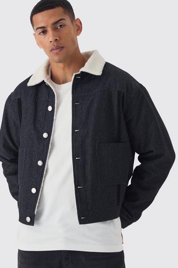 Relaxed Cropped Borg Lined Aviator Denim Jacket washed black