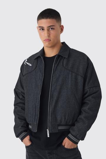 Boxy Denim Embroidered Varsity Bomber Jacket washed black