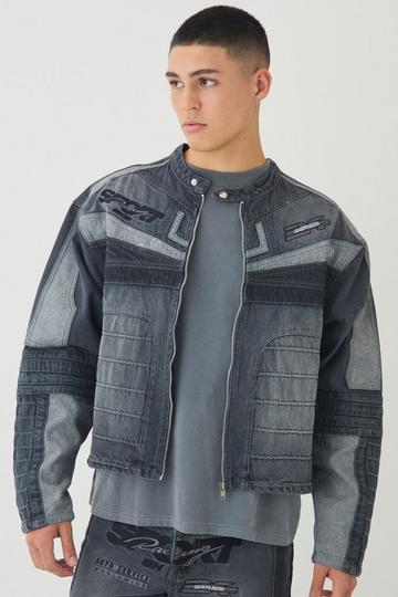 Boxy Denim Moto Applique Biker Jacket grey