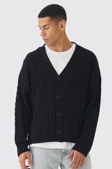 Black Oversized Boxy Cable Knit Cardigan