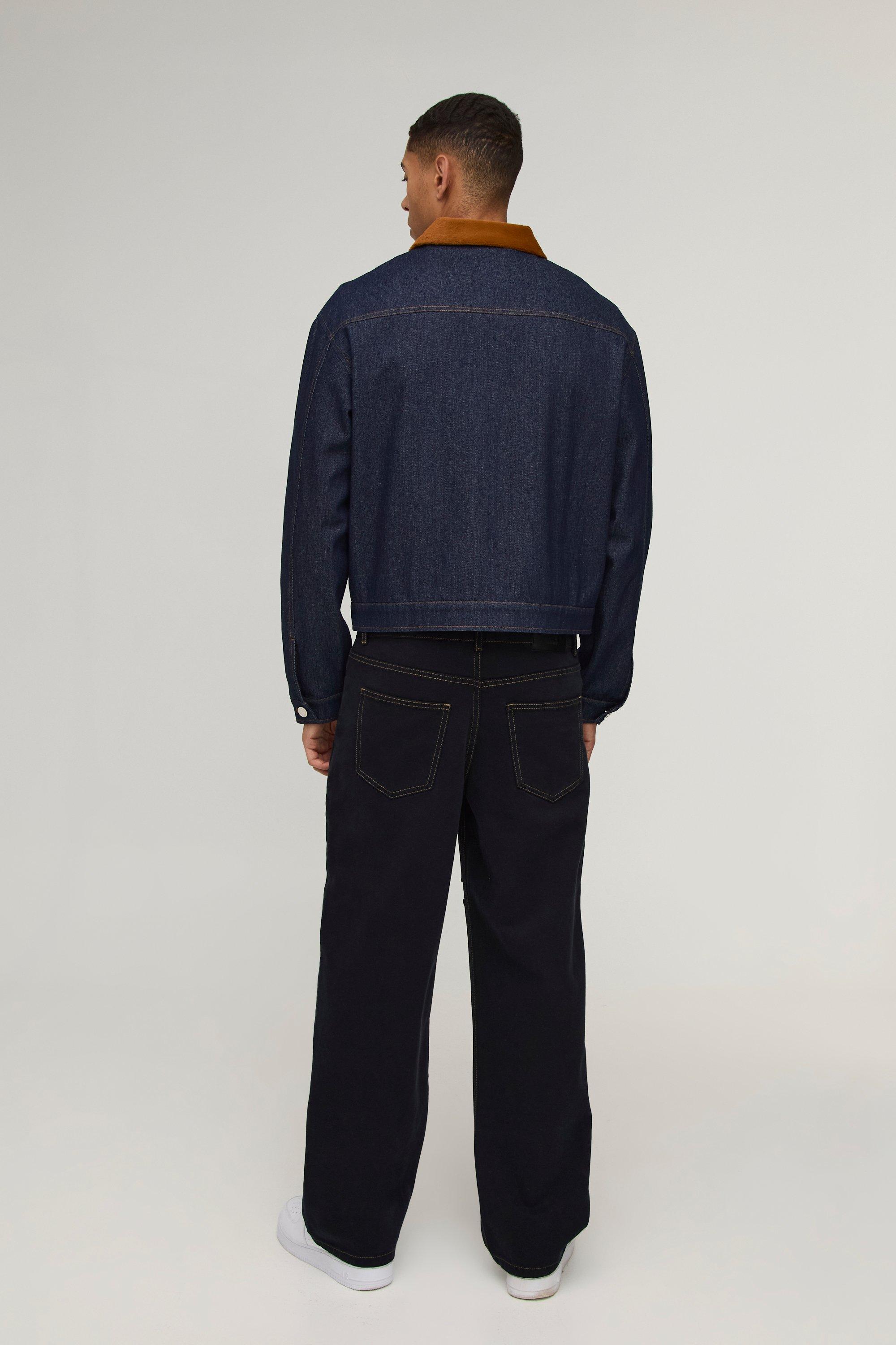 Relaxed Cropped Faux Fur Collar Zip Aviator Denim Jacket