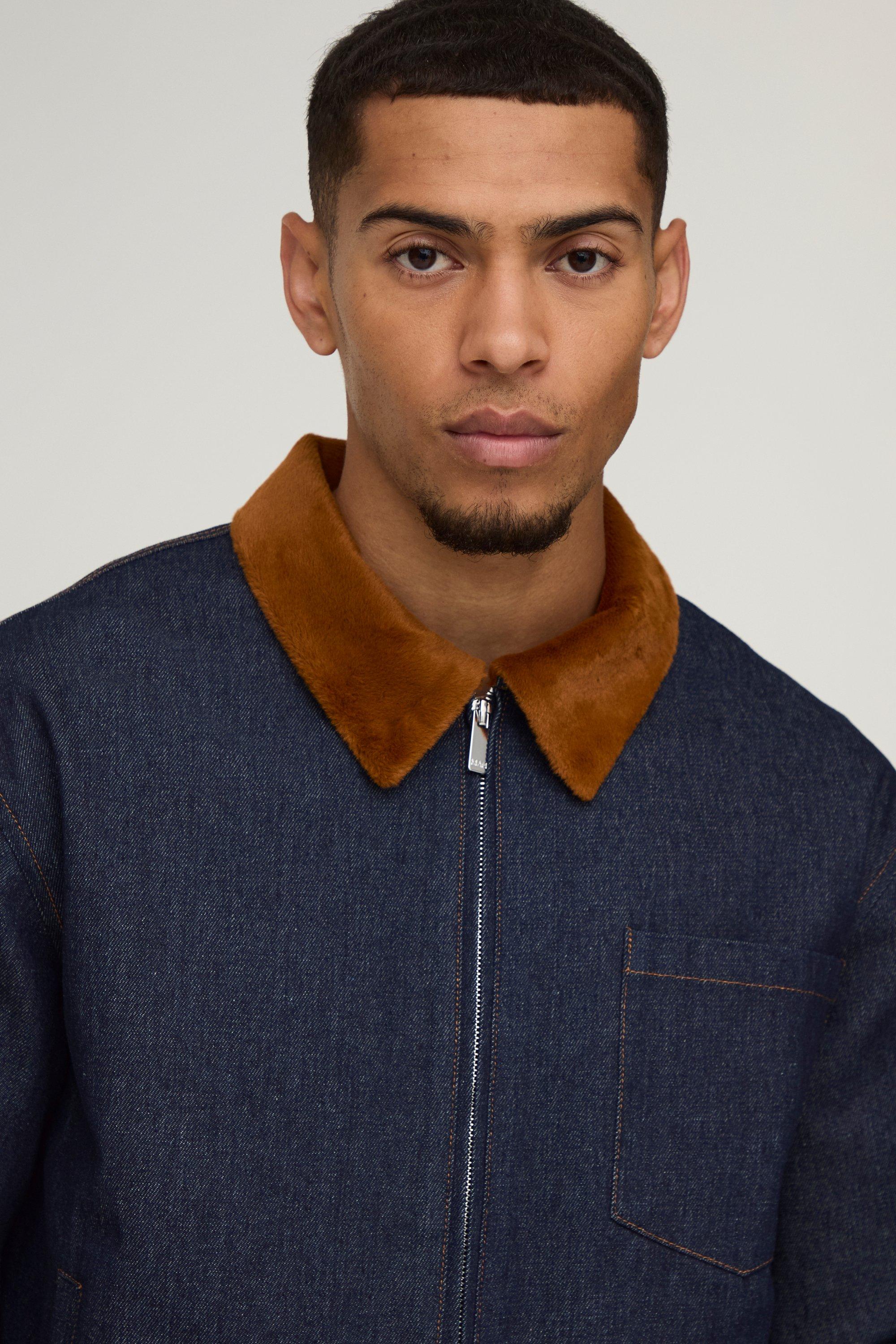Relaxed Cropped Faux Fur Collar Zip Aviator Denim Jacket