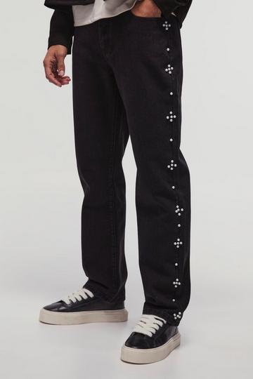 Black Straight Leg Cross Pearl Jeans