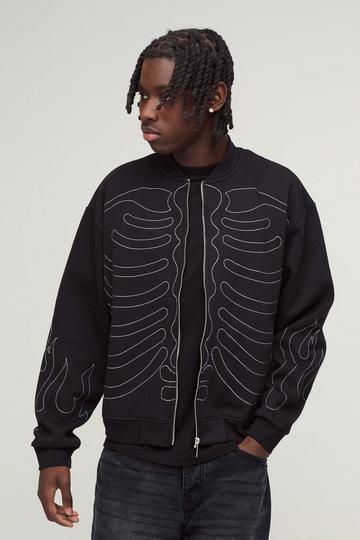 Oversized Boxy Contrast Stitch Skull Applique Bomber Jacket black