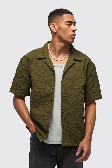 Oversized Short Sleeve Embroidered Revere Shirt khaki