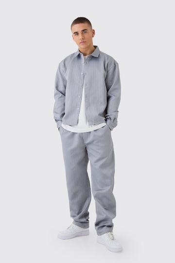 Charcoal Grey Herringbone Overshirt & Elasticated Waist Relaxed Trouser Set