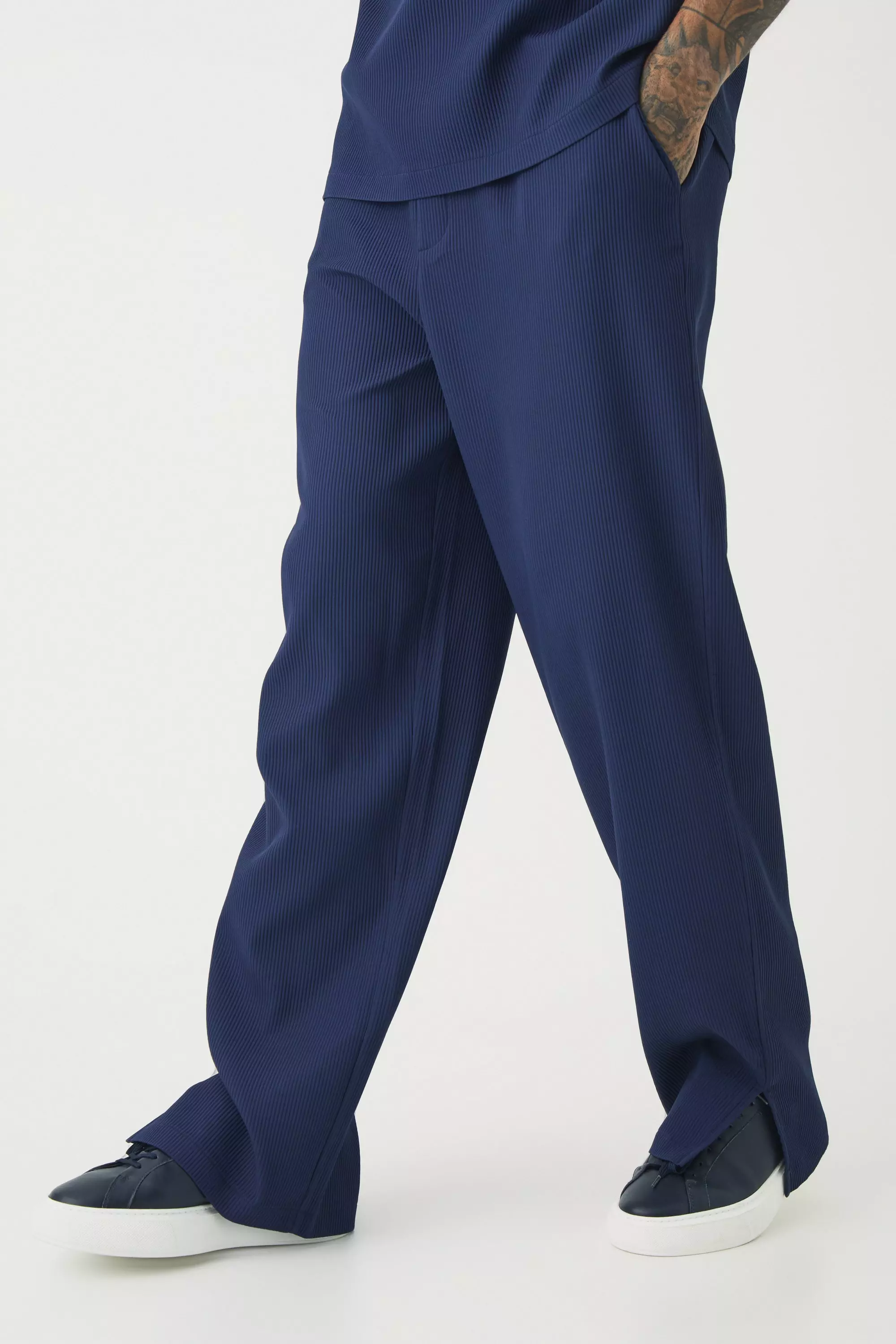 Navy Tall Pleated Split Hem Relaxed Fit Trousers alternative image