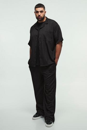 Plus Pinstripe Revere Shirt & Relaxed Trouser Set black