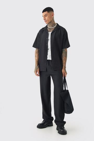 Tall Pinstripe Revere Shirt & Relaxed Trouser Set black