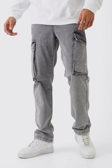 Grey Straight Heavyweight Twill Acid Washed Cargo Trousers