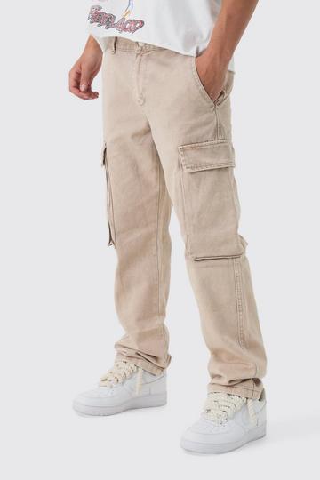 Stone Beige Straight Heavyweight Twill Acid Washed Cargo Trousers