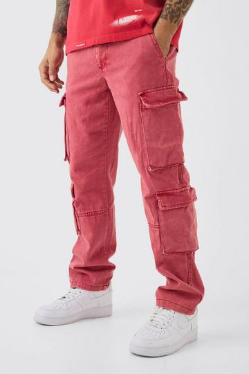 Red Straight Heavyweight Twill Acid Washed Cargo Trousers