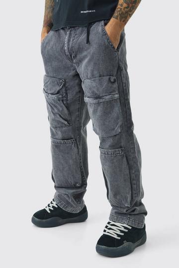 Grey Relaxed Heavyweight Twill Acid Washed Cargo Trousers