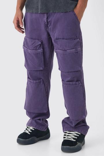 Relaxed Heavyweight Twill Acid Washed Cargo Trousers purple