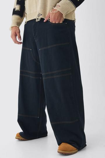 Black Plus Baggy Fit Contrast Stitch Carpenter Trousers in Black