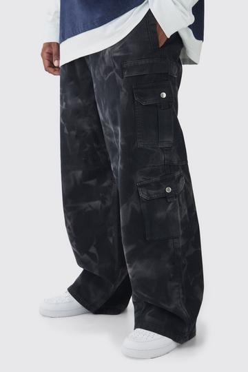 Plus Acid Wash Relaxed Fit Cargo Trousers black