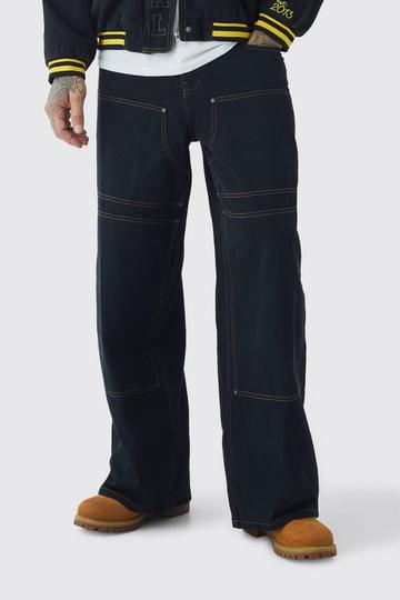 Black Tall Baggy Fit Contrast Stitch Carpenter Trousers in Black