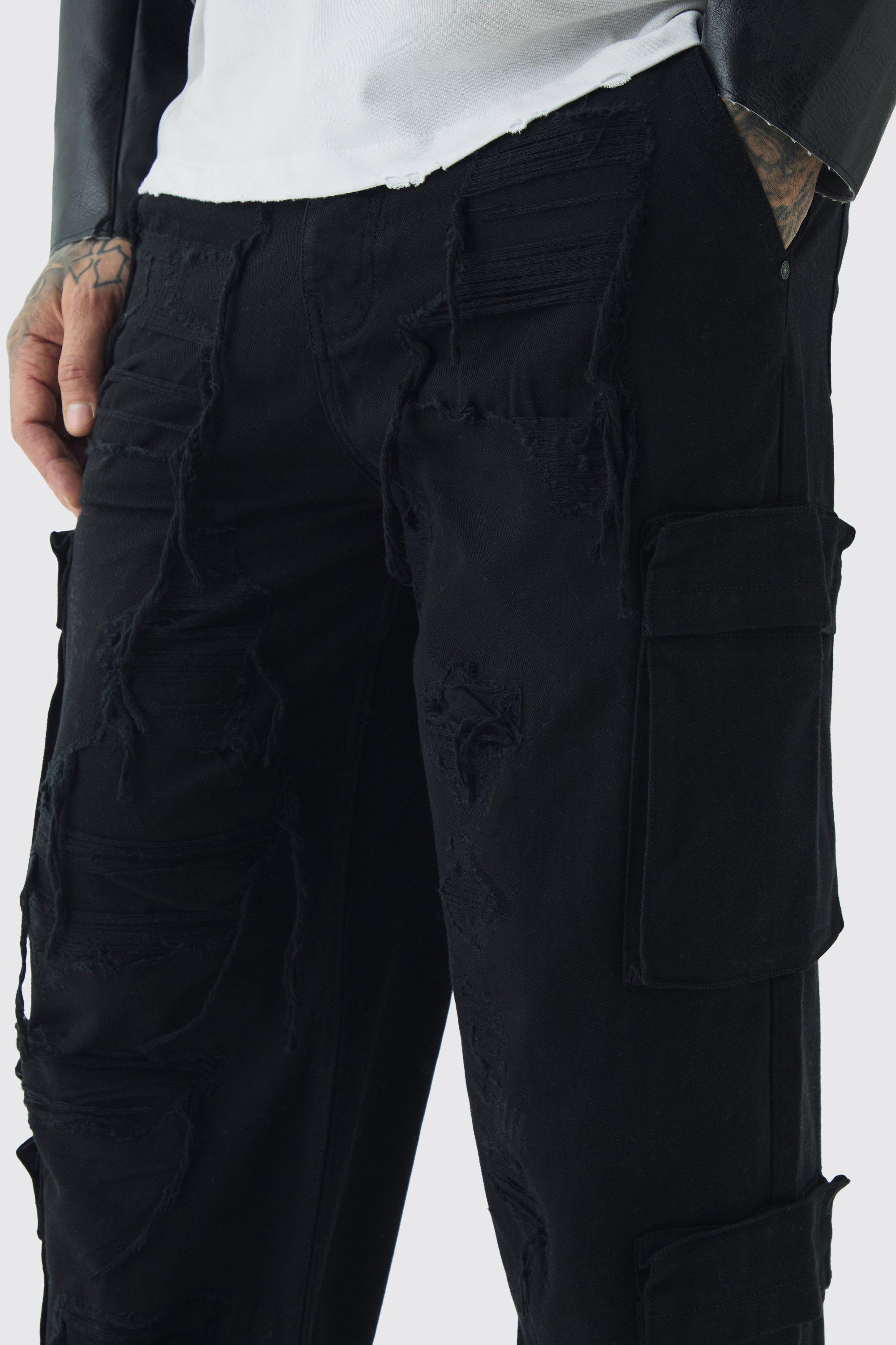 Tall Relaxed Fit Distressed Cargo Trousers boohoo