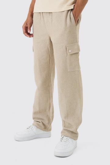 Elasticated Waist Relaxed Herringbone Textured Cargo Trousers taupe