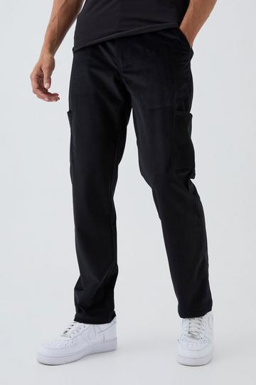 Fixed Waist Straight Leg Suede Cargo Trousers black