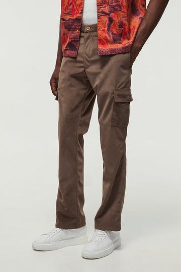 Fixed Waist Slim Flare Suede Cargo Trousers chocolate