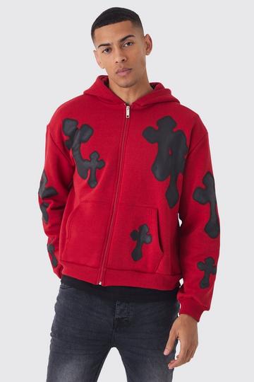 Red Oversized Boxy Spray Cross Zip Through Hoodie