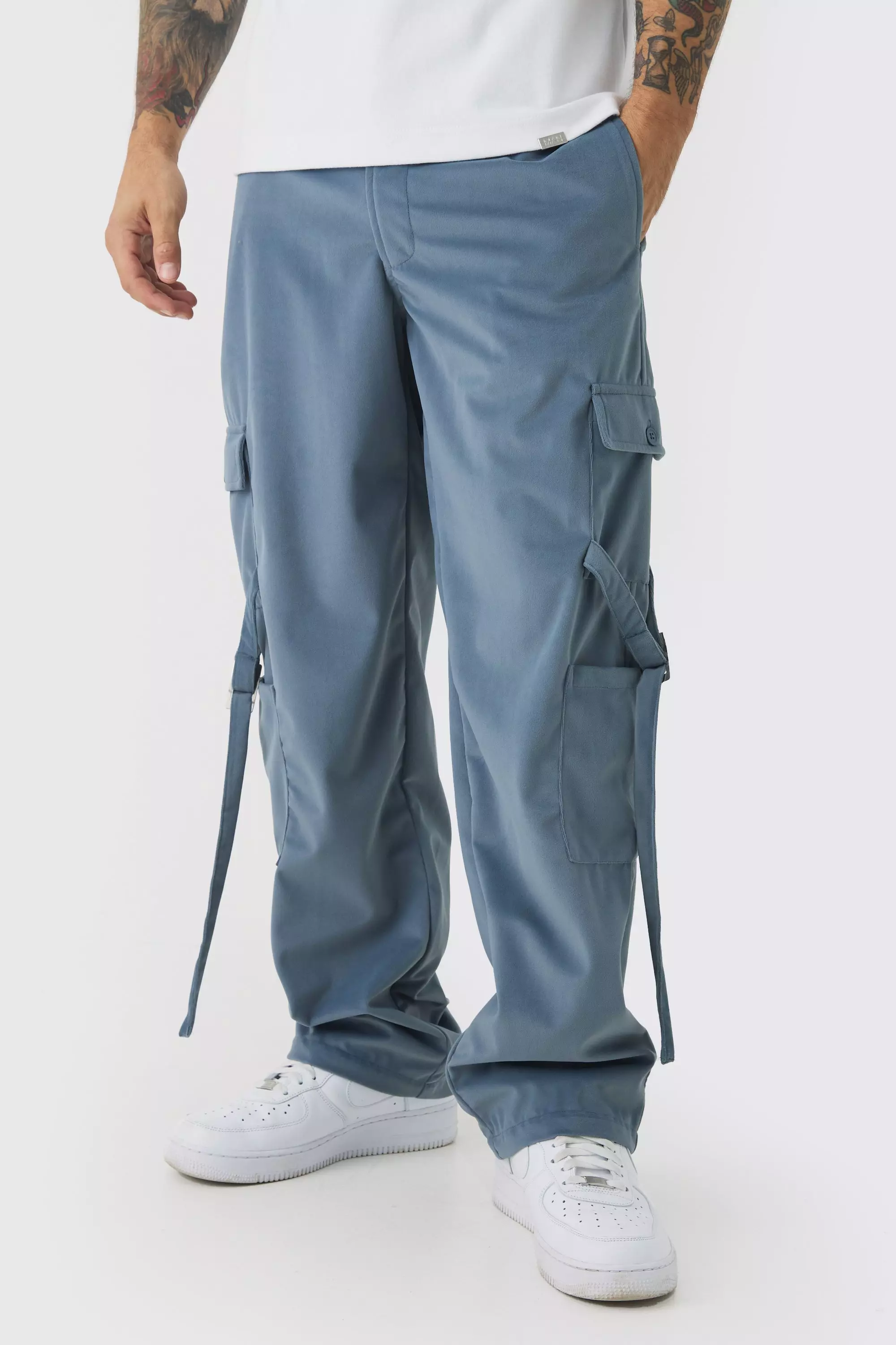 Slate Fixed Waist Relaxed Suede Cargo Strap Trousers صورة بديلة