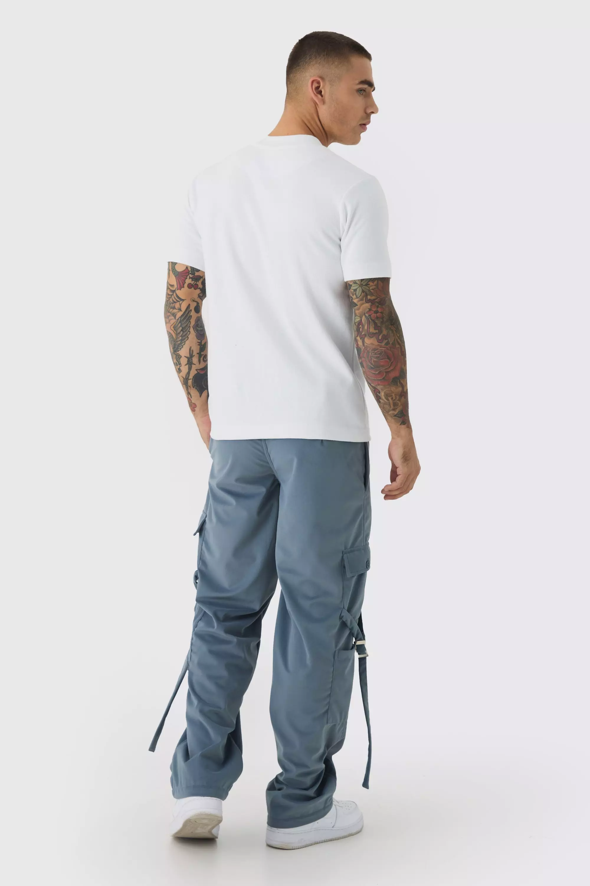 Slate Fixed Waist Relaxed Suede Cargo Strap Trousers صورة بديلة