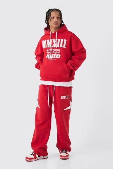 Red Oversized Boxy Moto Applique Hooded Tracksuit