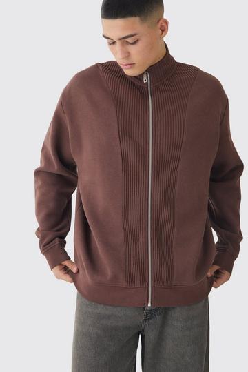 Chocolate Brown Oversized Funnel Neck Zip Through Thick Rib Sweat