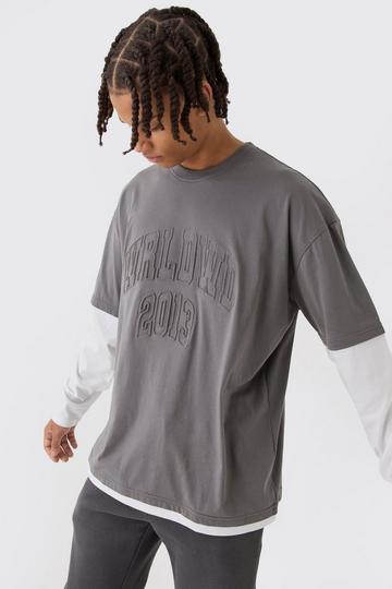 Grey Oversized Faux Layer Varsity Embossed T-Shirt